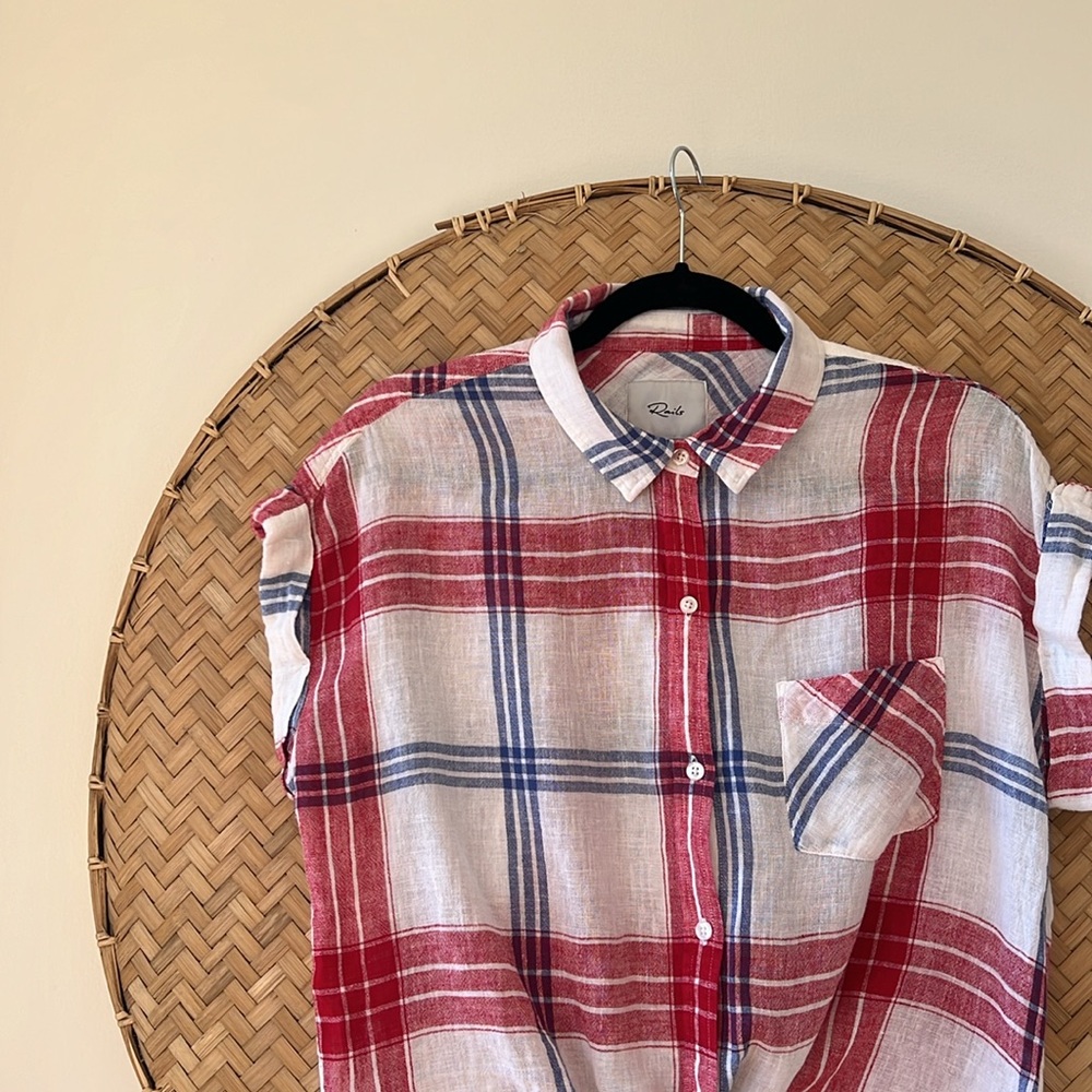 RAILS PLAID CROPPED TIE SHIRT AMELIE‎ CARMINE BLUE WHITE JULY 4 IVY LEAGUE PREP - Picture 6 of 12